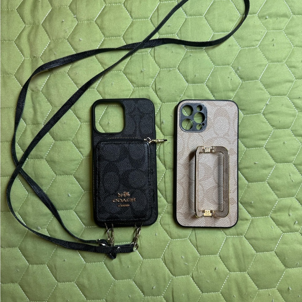 Coach Black and Tan Phone Case with Strap